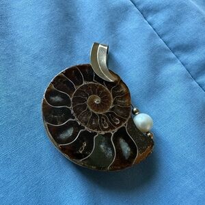 Ammonite Fossil Pendant with  fresh water Pearl Accent,gold tone metal,handmade.